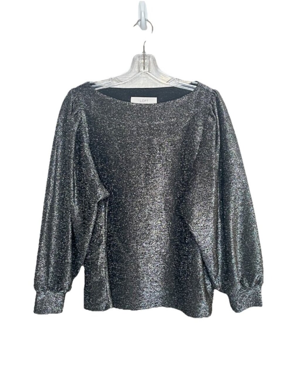 Loft Metallic Shimmer Puff Sleeve Top Black Silver Sz L NWT Holiday Party - Picture 1 of 6